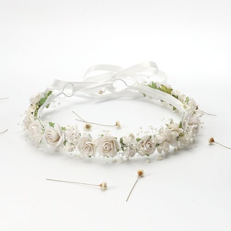 PoshMyra White Flower Girl Crown with Baby's Breath Headpiece Young Girl Communion Floral Hair Wreath Rustic Wedding Hair Accessories Headband for Child(43cm length)