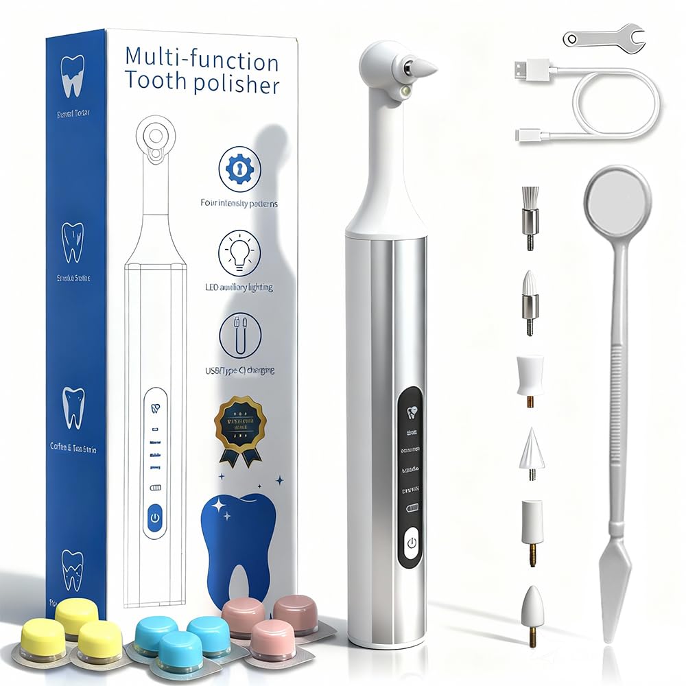Home Tooth Polisher,Multi-Functional LED Tooth Polisher,Aluminum Alloy with Anti-Slip Texture,9 polishing Paste Units,USB Type-C Charging,6 Polished Accessories,Personal Portable Dental Care Tool