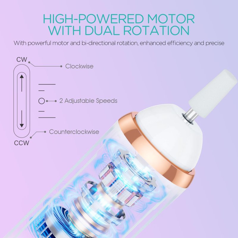 VOGOE Electric Nail Drill, Cordless Nail File Machine Kit 2 Directions & Speeds for Acrylic, Gel Nails, Rechargeable with LED & 6 Nail Drill Bits for Professional Manicure and Pedicure,Gold ND310