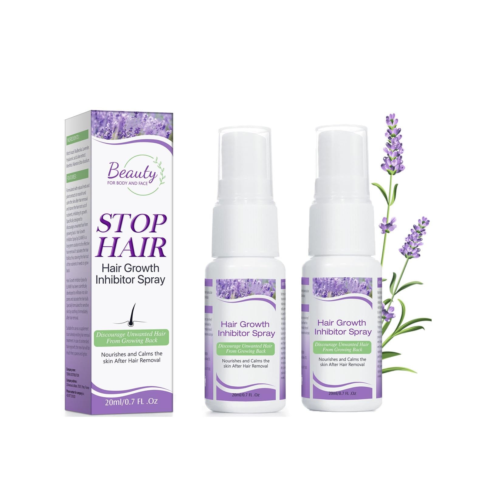 Hair Growth Inhibitor for Face - 2 Pack Hair Inhibitor 20ml, Painless Hair Removal Inhibitor Spray Slows Regrowth for Body, Face, Legs, Arms, Armpit, After Waxing Care for Women & Men