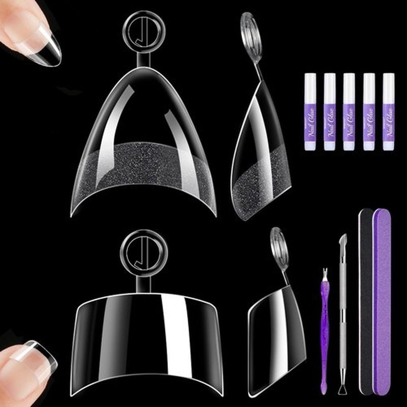 480 Pcs Extra Short Almond Nail Tips, Half Cover Square Nail Tips, 2 Shape Clear Short Fake Nails with Glue, Pre Shape Acrylic Nails with Files and Cuticle Fork for Salons and Home DIY