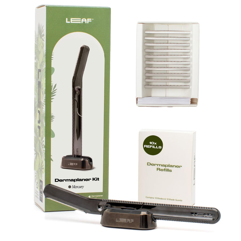 Leaf Shave | Leaf Dermaplaner Kit, All-Metal Reusable Dermaplane Razor and Exfoliating Tool for Women, Includes Matching Stand and 10-Pack of Refills - Mercury