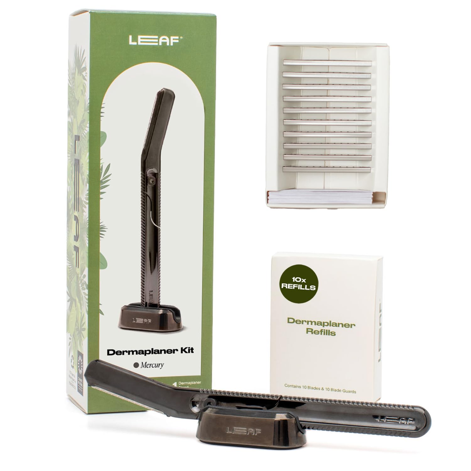 Leaf Shave | Leaf Dermaplaner Kit, All-Metal Reusable Dermaplane Razor and Exfoliating Tool for Women, Includes Matching Stand and 10-Pack of Refills - Mercury