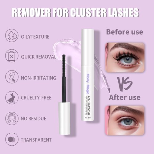 Molly Magic Flora Lash Clusters Kit, Wispy Natural 8-18mm D Curl Individual DIY False Eyelash Extension Kit with Lash Bond and Seal, Thin Invisible Black Lash Band