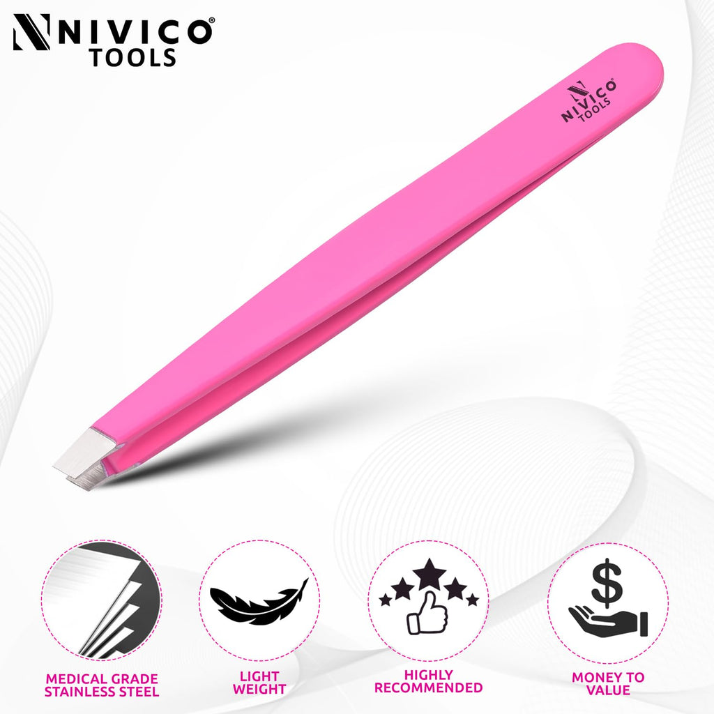 NIVICO Professional Slant Eyebrow Tweezers – Precision Stainless Steel Tweezers for Ingrown & Facial Hair Removal, Salon Quality Brow Shaping for Men & Women (Pink)