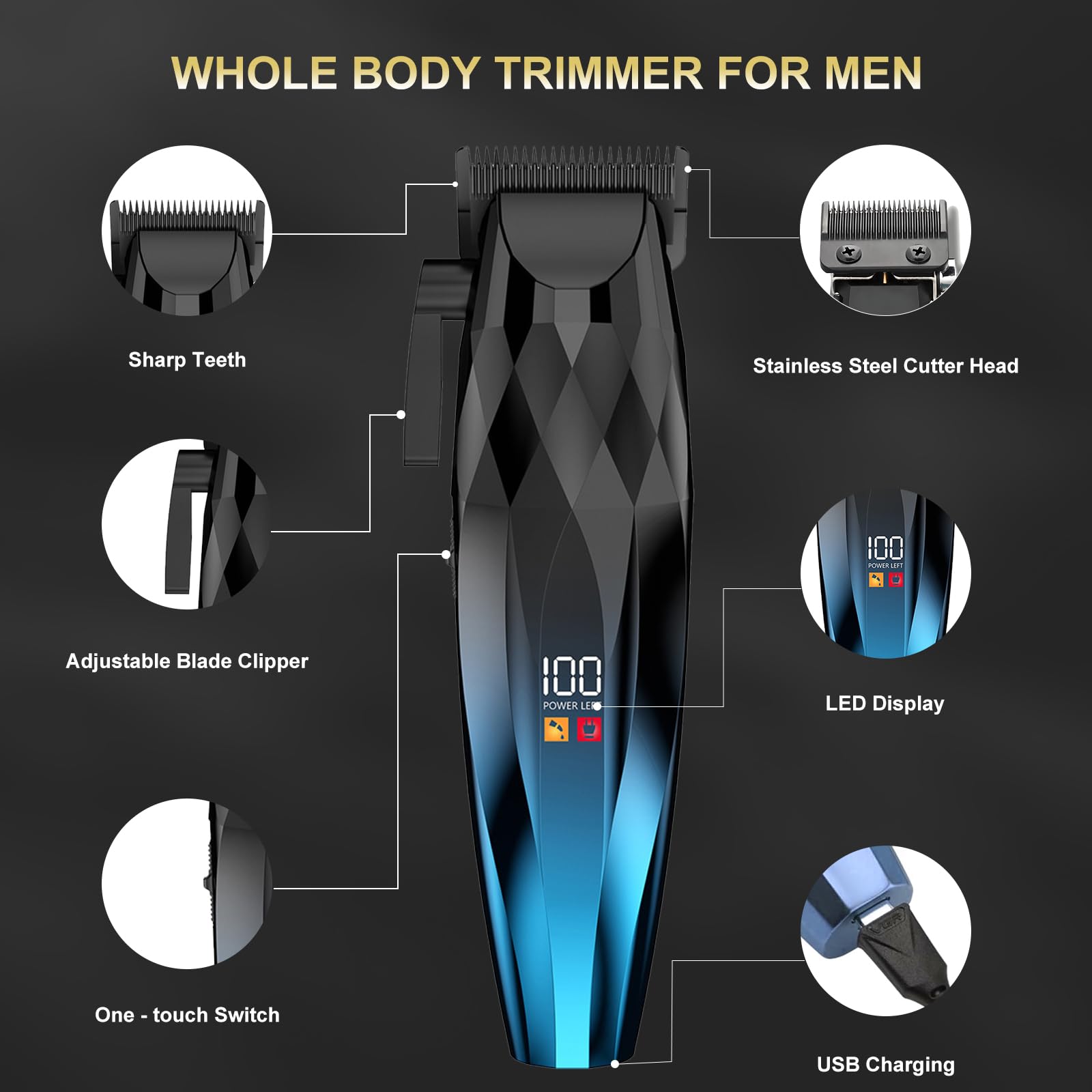 WAIKIL Cordless Hair Clippers for Men, Professional Barber Clipper and Trimmer Kit with LED Display, Rechargeable Beard Trimmer for Home and Salon Use,Blue