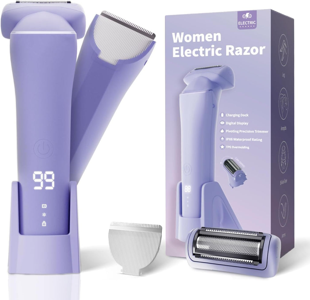 Krofaue Bikini Trimmer for Women, Gentle Painless Electric Razor for Silk Skin, IPX6 Waterproof Pubic Hair Trimmer & Body Shaver, Easy to Use & Clean, for Arms, Legs, Underarms, Private Area