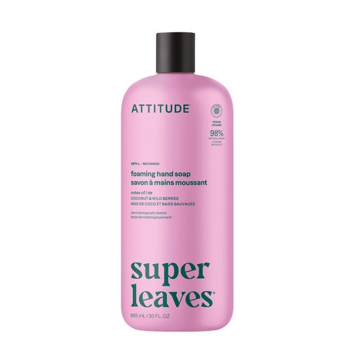 ATTITUDE Foaming Hand Soap Refill, EWG Verified, Natural & Plant-Based Hand Wash, Gentle & Moisturizing, Vegan, Coconut & Wildberries Scent, 30 Fl Oz