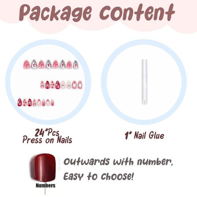 BABALAL Short Almond Press on Nails, Red Silver Chrome Acrylic Nails with Bow and Star Design, Y2K Full Cover Glue on Nails, 24Pcs