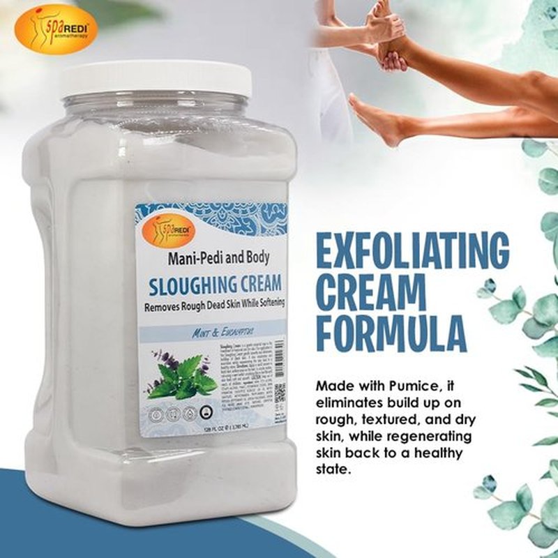 SPA REDI - Foot Cream, Sloughing Lotion, Mint and Eucalyptus 128 Oz - Pedicure Massage Foot Care for Dry Cracked Feet, Scrub Gently, Exfoliating, Smooths and Eliminates Buildup of Dead Skin