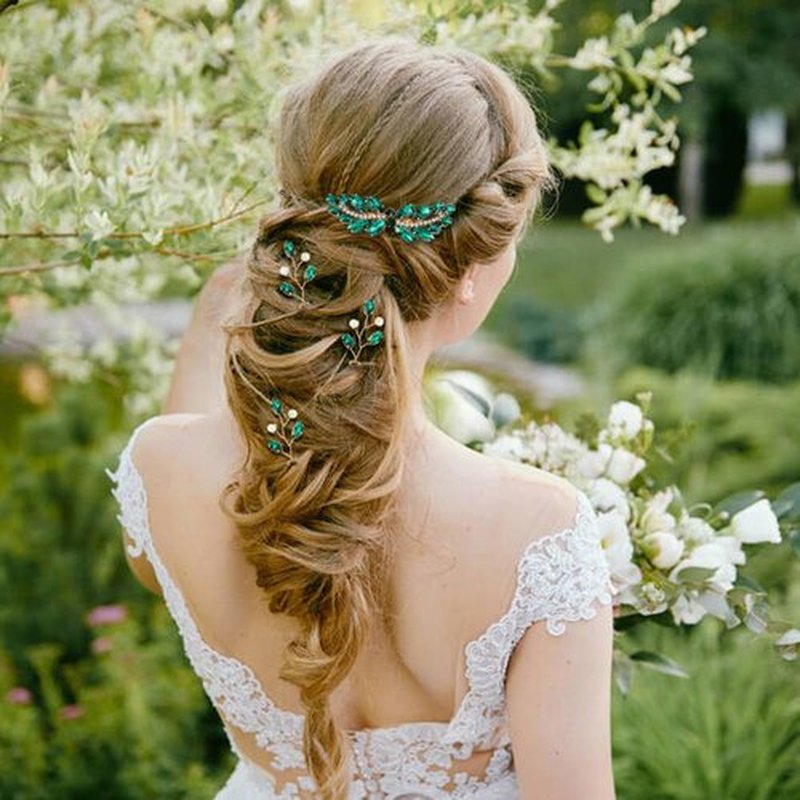 inSowni 7 Pieces Vintage Proms Bridal Wedding Glitter Green Rhinestone Crystal Gold Metal Hair Side Combs Slides U-shaped Hair Pins Accessories for Women Flower Girls Brides Bridesmaids