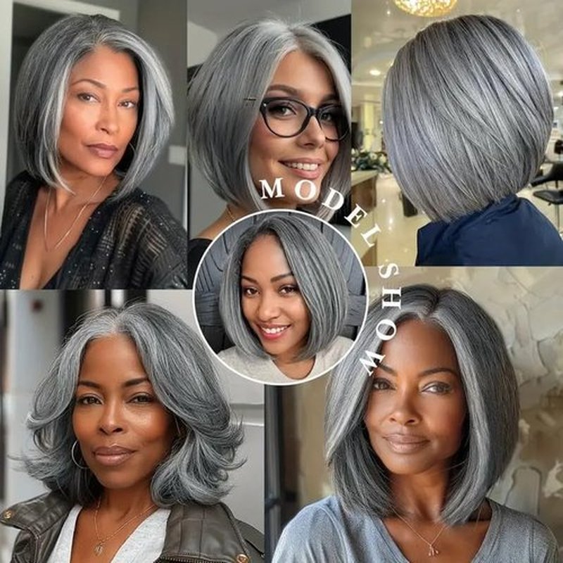 Grey Salt & Pepper Short Bob Wigs Human Hair 13×4 HD Lace Front Silver Real Human Hair Free Part Pre Plucked Hairline Bleached Knots Reusable No Tangle Triple Lifespan Straight for Women12Inch