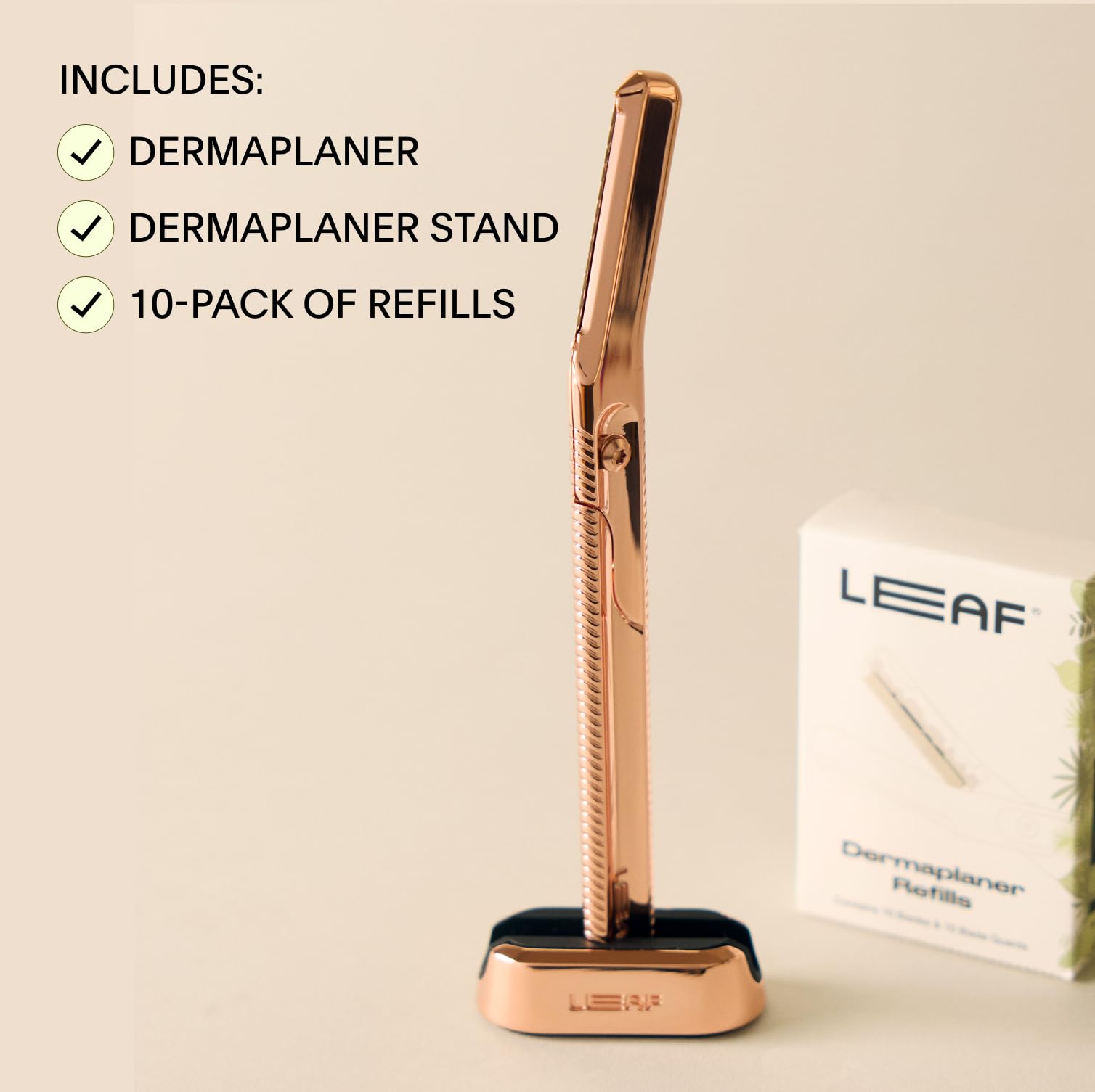 Leaf Shave | Leaf Dermaplaner Kit, All-Metal Reusable Dermaplane Razor and Exfoliating Tool for Women, Includes Matching Stand and 10-Pack of Refills - Mercury