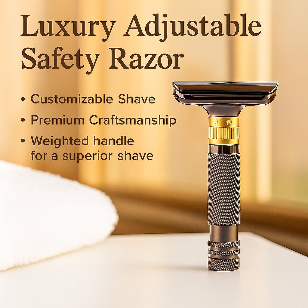 Luxurious and beautifully adjustable double-edged safety razor with 10 platinum-plated stainless steel razor blades, reusable razor kit, eco-friendly, smooth close shave (Glossy Black + Base)