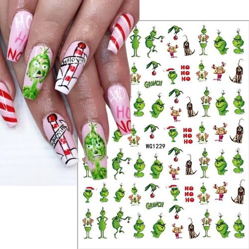 6 Sheets Christmas Nail Art Stickers Green Monster Nail Decals Cute Cartoon New Year Nail Art Designs Sticker Xmas Winter Nail Stickers Holiday Nail Supplies for Women DIY Manicure Decoration