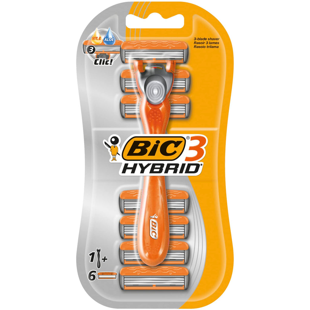 Bic 3 Hybrid Men's Triple-Blade Razors, Pack with 1 Handle + 6 Refills - Lubricating Strip with 3 Blades and Pivoting Head for a Smooth, Precise Shave