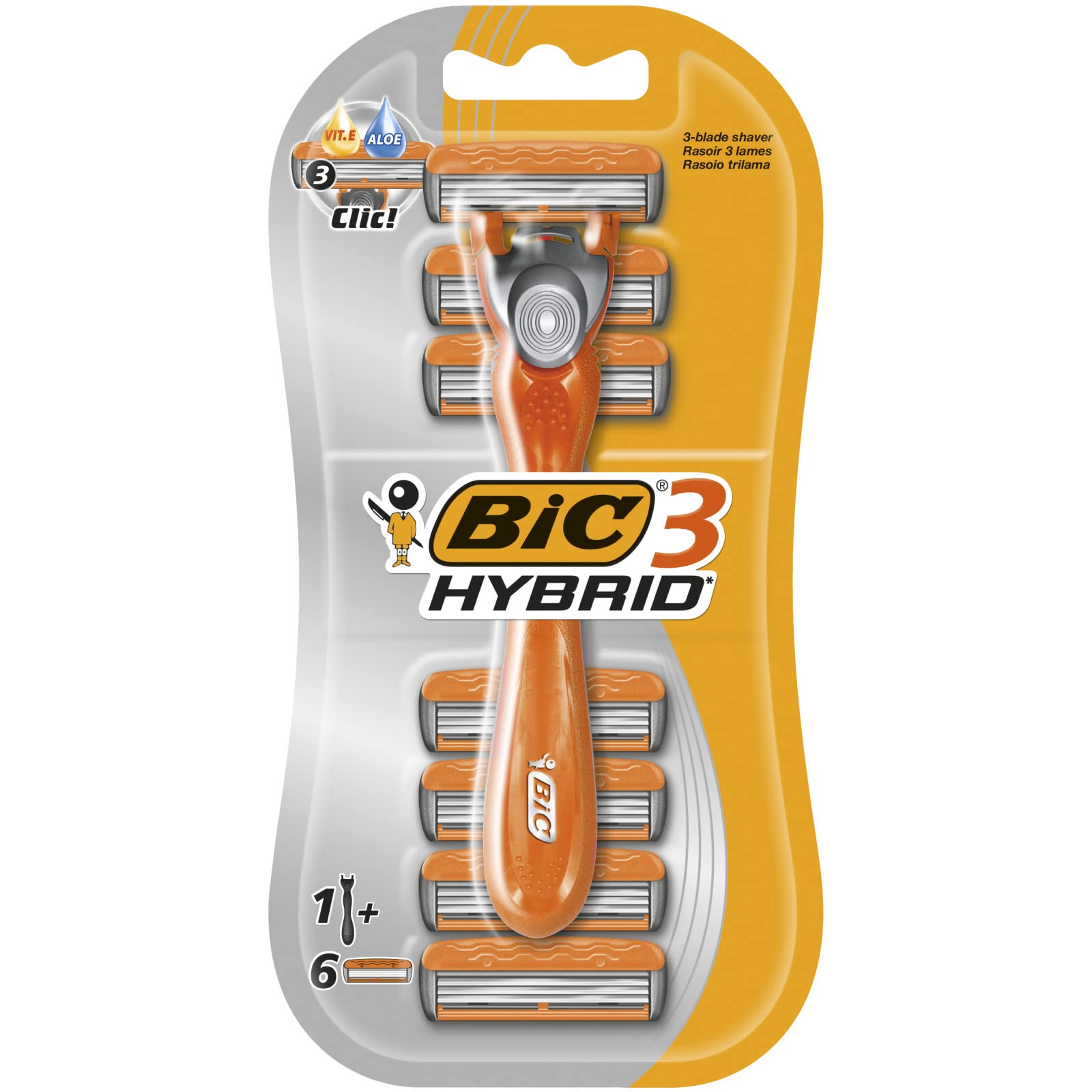 Bic 3 Hybrid Men's Triple-Blade Razors, Pack with 1 Handle + 6 Refills - Lubricating Strip with 3 Blades and Pivoting Head for a Smooth, Precise Shave