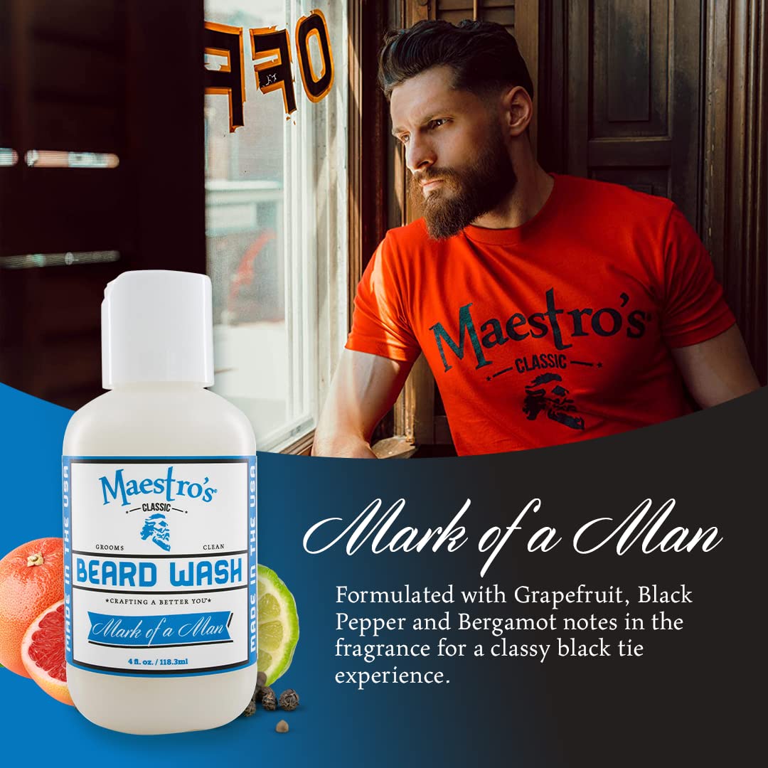 Maestro's Classic BEARD WASH | Anti-Itch, Deep Cleaning, Non-Drying, Fully Hydrating Gentle Cleanser For All Beard Types and Lengths- Mark of a Man Blend, 8 Ounce