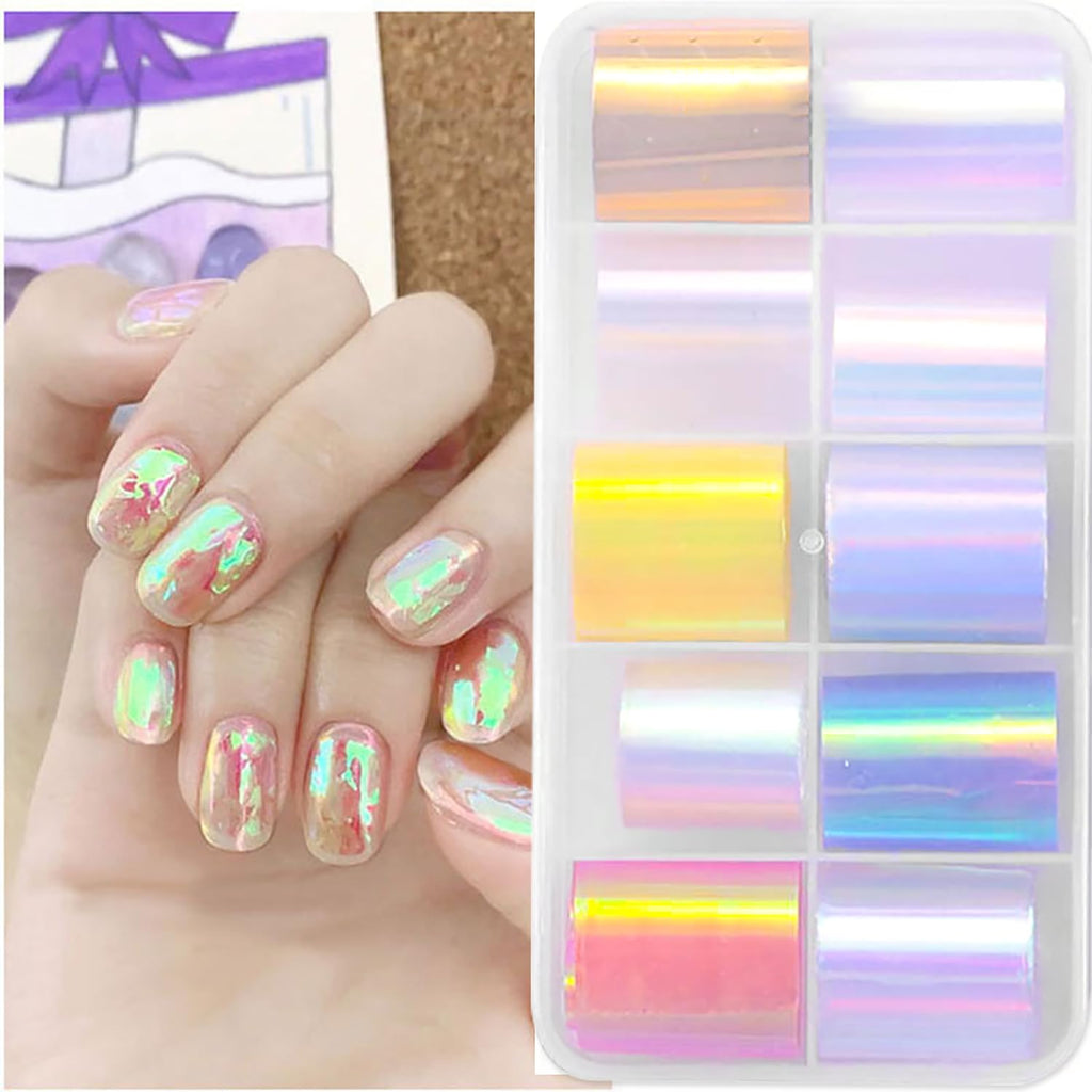 XEAOHESY 20 Rolls Gradient Aurora Glass Paper Nail Art Sticker 3D Holographic Aurora Glass Reflective Mirror Shard Effect Rainbow Thin Iridescent Cellophane Films Foil Nail Wraps for Women Nail Art