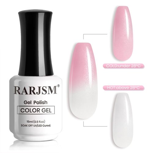 RARJSM Color Changing Gel Nail Polish Nude Silver Glitter Milky White to Pink Thermal Mood Temperature Change Ombre Gradient Shimmer Gelpolish Soak off for Nail Art Manicure DIY Salon at Home 15ML
