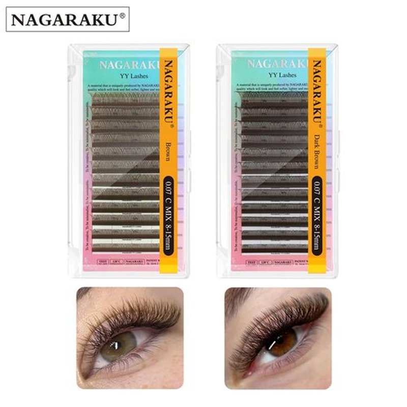 NAGARAKU yy Eyelash Extensions Dark Brown Color y lash Premade 4D Easy Fan Russian Volume Cluster 12 Rows Pre Fanned Wispies Crisscross Eye Lashes for Beauty Salon -0.07mm D Curl 8-15mm Mix Tray