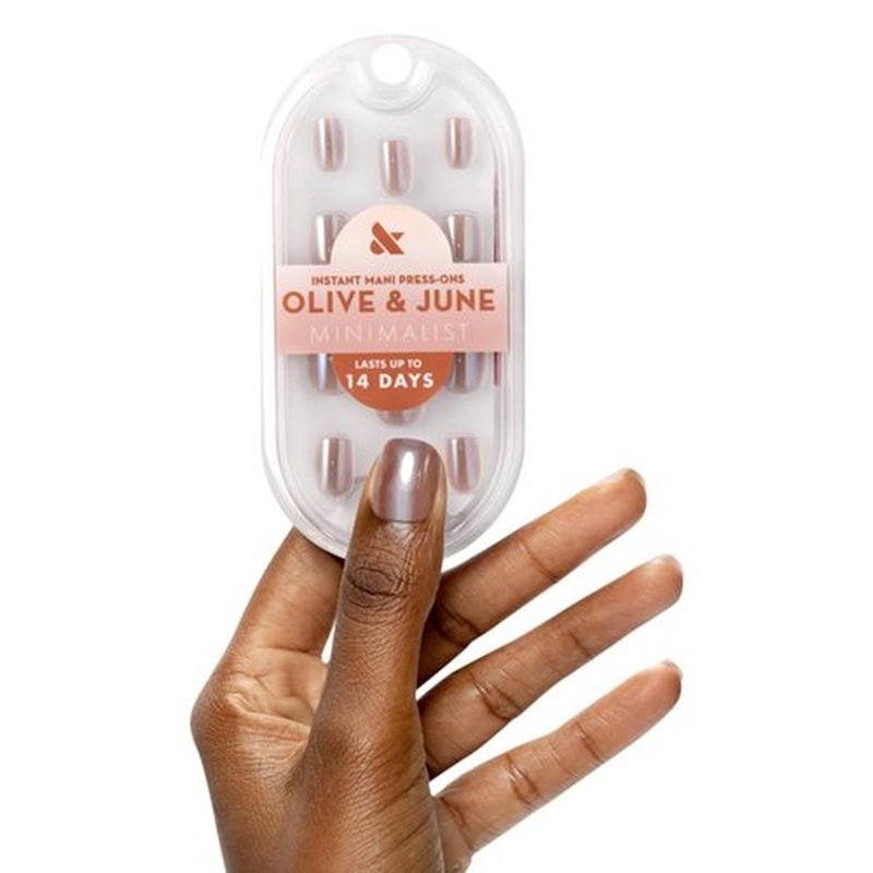 Olive & June Mani Minimalist Instant Press-On Nails | (Glue) Extra Short, Squoval 42 Fake Nails, 21 Sizes | Non-Toxic, Long-Lasting Barely-There Look | Salon-Quality at Home | Taupe Jelly Chrome