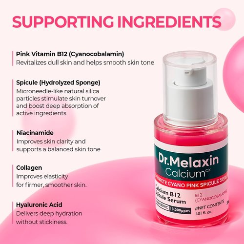 Dr.Melaxin Pink Spicule Cyano Microneedling Serum – Vitamin B12 Pore Minimizer, Liquid Microneedle Facial Treatment for Enlarged Pores, Skin Renewal & Texture Refining (30ml)