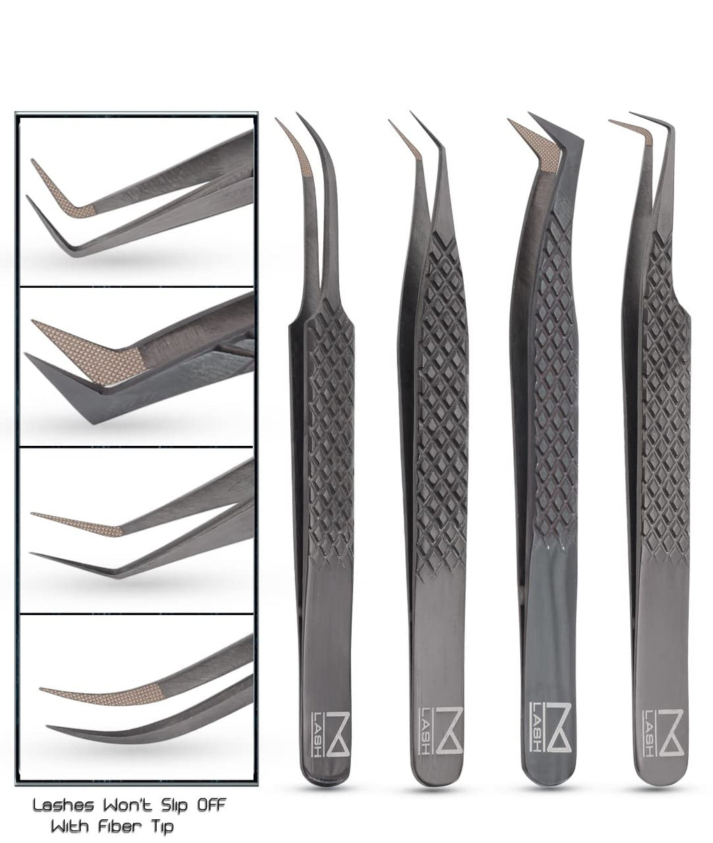 M LASH Tweezers for Eyelash Extensions (Set of 4) - Professional Lash Extension Tweezers - Fiber Tip, Japanese Steel, Diamond Grip Eyelash Extension Tweezer set (Black)