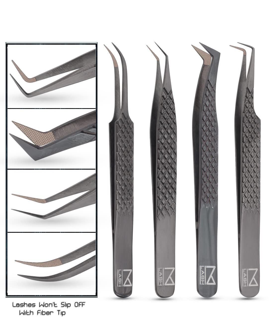 M LASH Tweezers for Eyelash Extensions (Set of 4) - Professional Lash Extension Tweezers - Fiber Tip, Japanese Steel, Diamond Grip Eyelash Extension Tweezer set (Black)