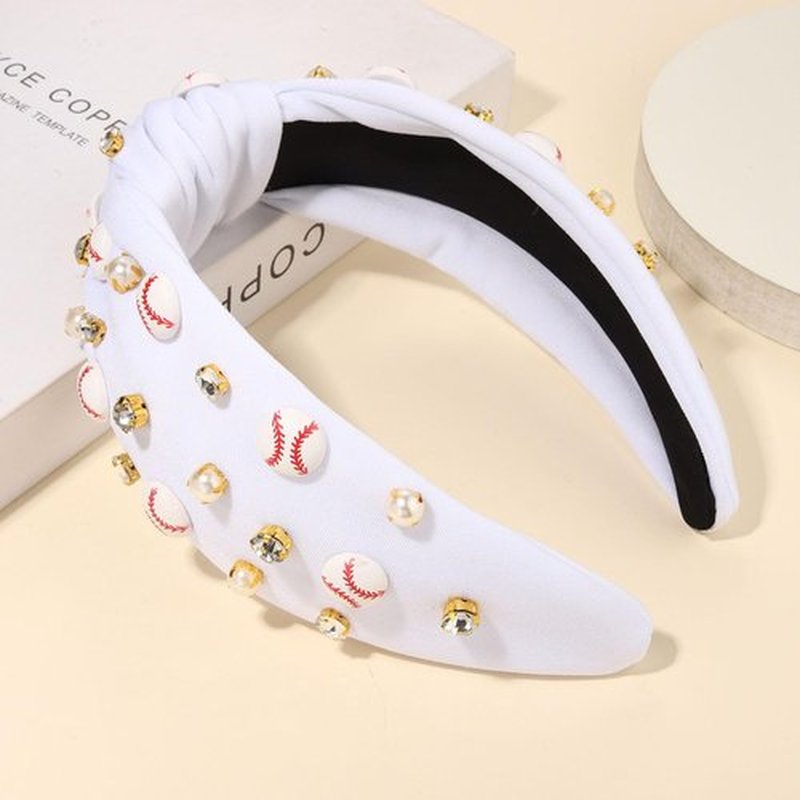 Baseball Headband for Women Crystal Pearl Knotted Headband Baseball Charms Rhinestone Beaded Embellished Headbands Wide Top Knot Game Day Hair Accessories Sports Fan Gifts (White Baseball)
