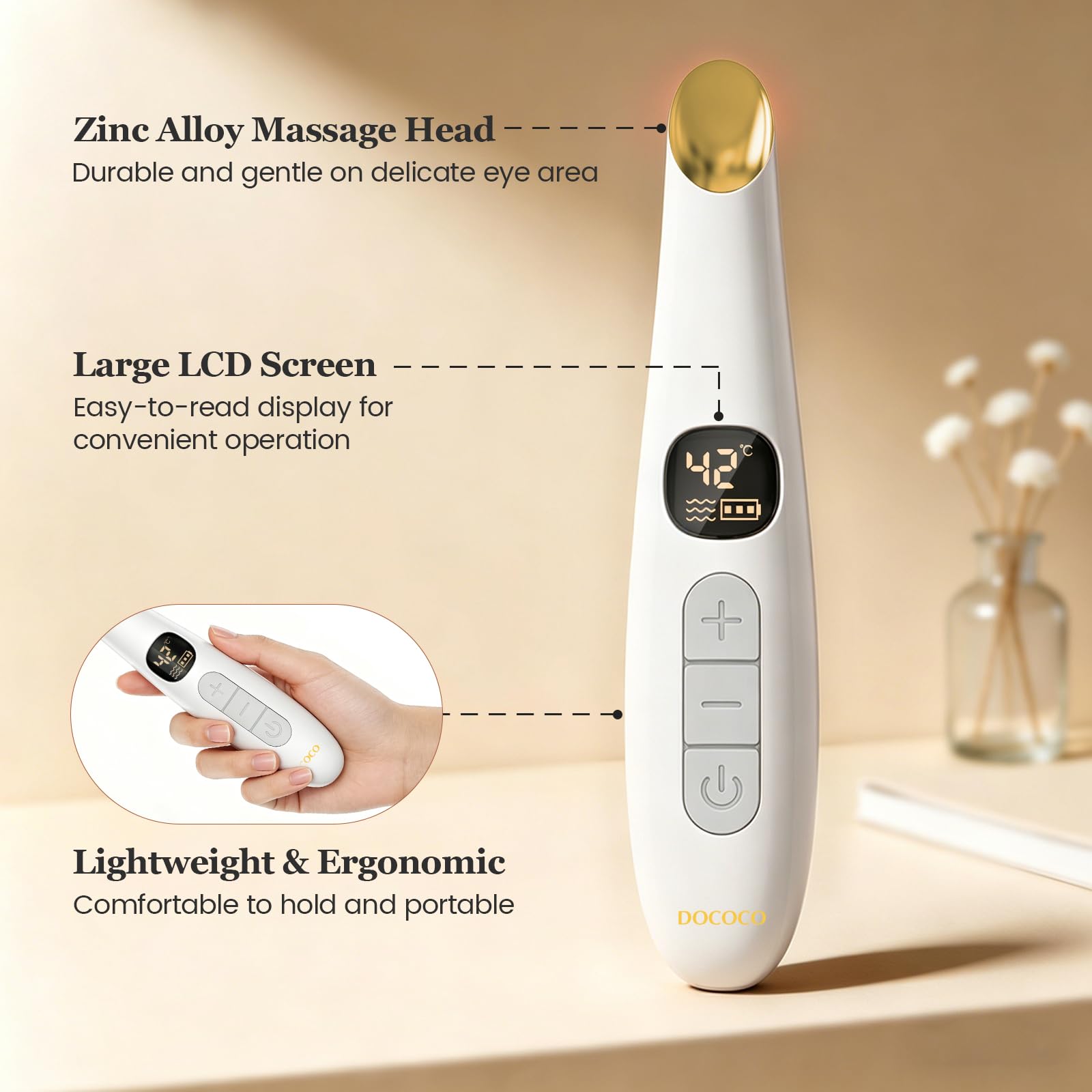 Eye Lift Wand, Eye Heat Wand with Temperature Control, Eye Massager for Dry Eyes, Dark Circles and Puffiness, Eye Lifting Device for Fine Lines, White