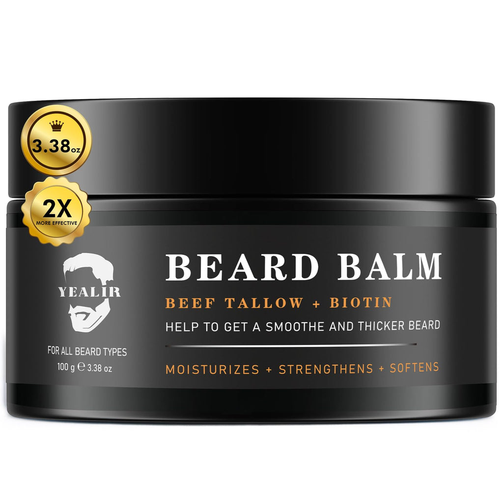 YEALIR Beard Balm for Men - Instant Frizz Control, Moisturizes & Softens Coarse Dry Beards, Beard Butter with Beef Tallow & Biotin for Fuller, Healthier Looking Beards, Fragrance-Free, 3.53 oz