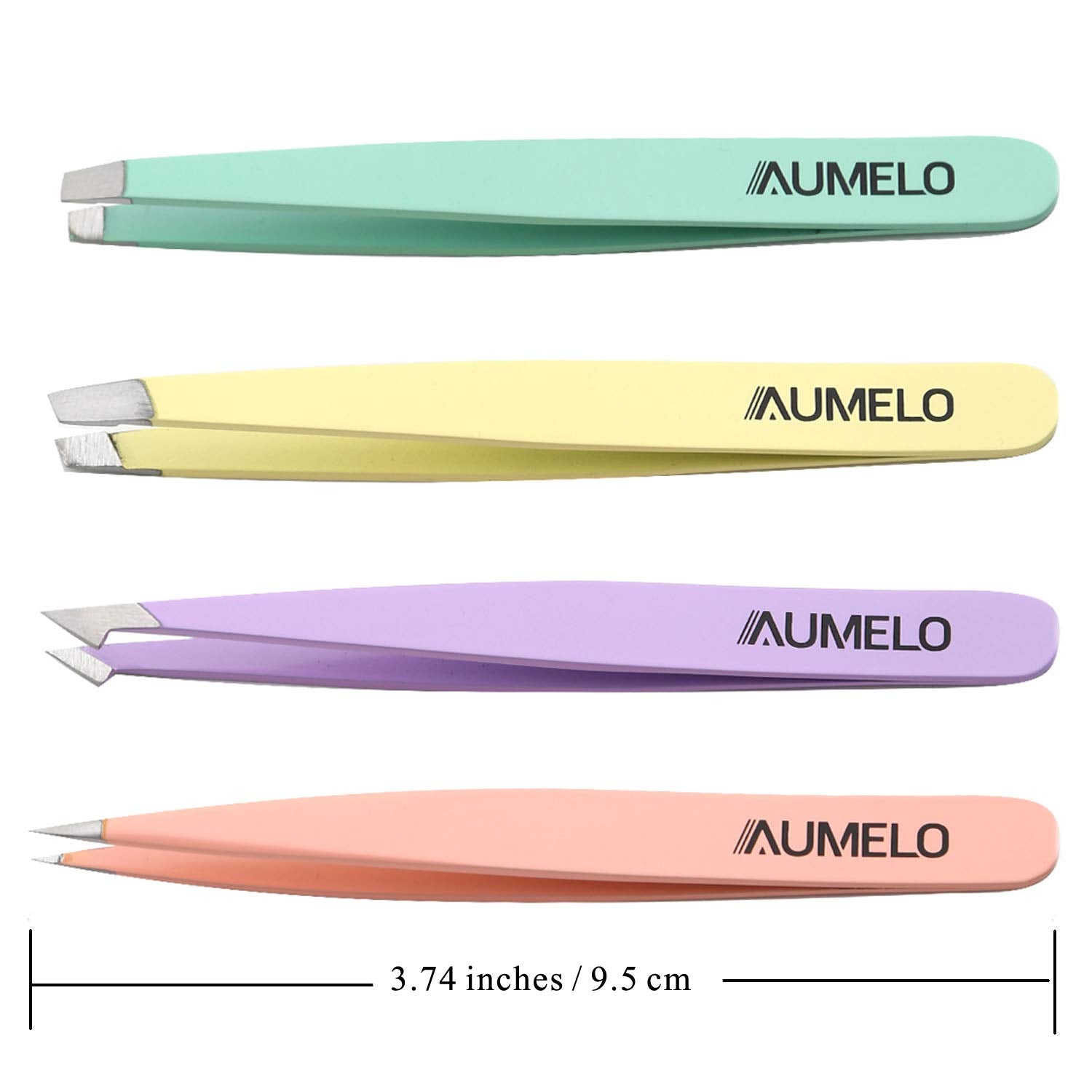 Tweezers Set 4-Piece Professional Stainless Steel Tweezers with Leather Travel Case by AUMELO - Precision Eyebrow and Splinter Ingrown Hair Removal Tweezer - MultiColor