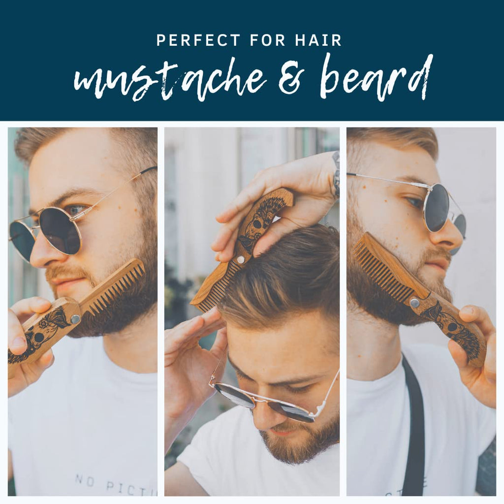 Wooden Beard Comb for Men - Personalized Folding Pocket Comb for Moustache Beard & Hair Walnut Combs Engraved (Half Skull)