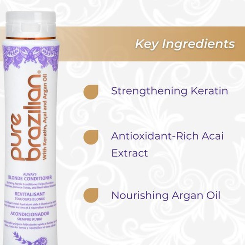 Pure Brazilian Always Blonde Conditioner with Keratin, Acai & Argan Oil, Purple Conditioner for Color-Treated Hair, Sulfate-Free, 13.5 Fl Oz