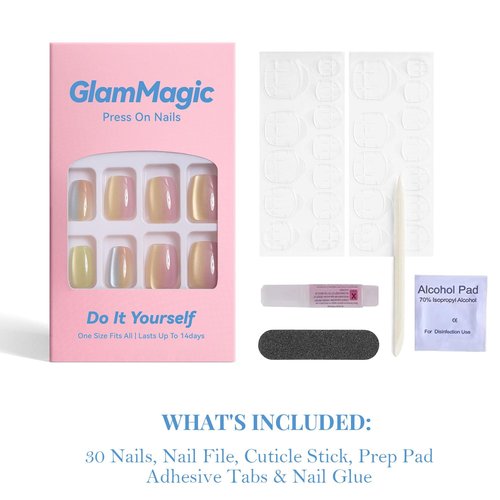 GLAMMAGIC Cat Eye Press On Nails Short Square, Natural Fake Nails Fine Diamond Shine, Glossy Ombre, Cat Eye Press on Nails for Women with Salon Quality, Press on Nails Kit