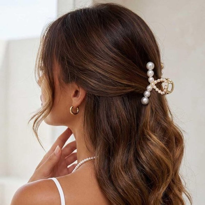 BARTOSI Pearl Hair Claw Clips Gold Sparkly Crystal Claw Clips Cute Mini Hair Catch Barrettes Styling Hair Accessories for Women and Girls (Pack of 2)