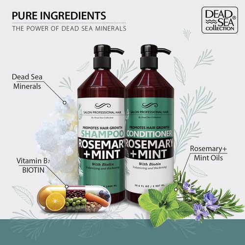 Dead Sea Collection Shampoo and Conditioner Set for Strengthening and Volume - Pure Dead Sea Minerals, Rosemary and Mint – Hair Care - Nutrition, Repair and Shine - Pack of 2 (33.8 & 30.6 Fl. Oz)