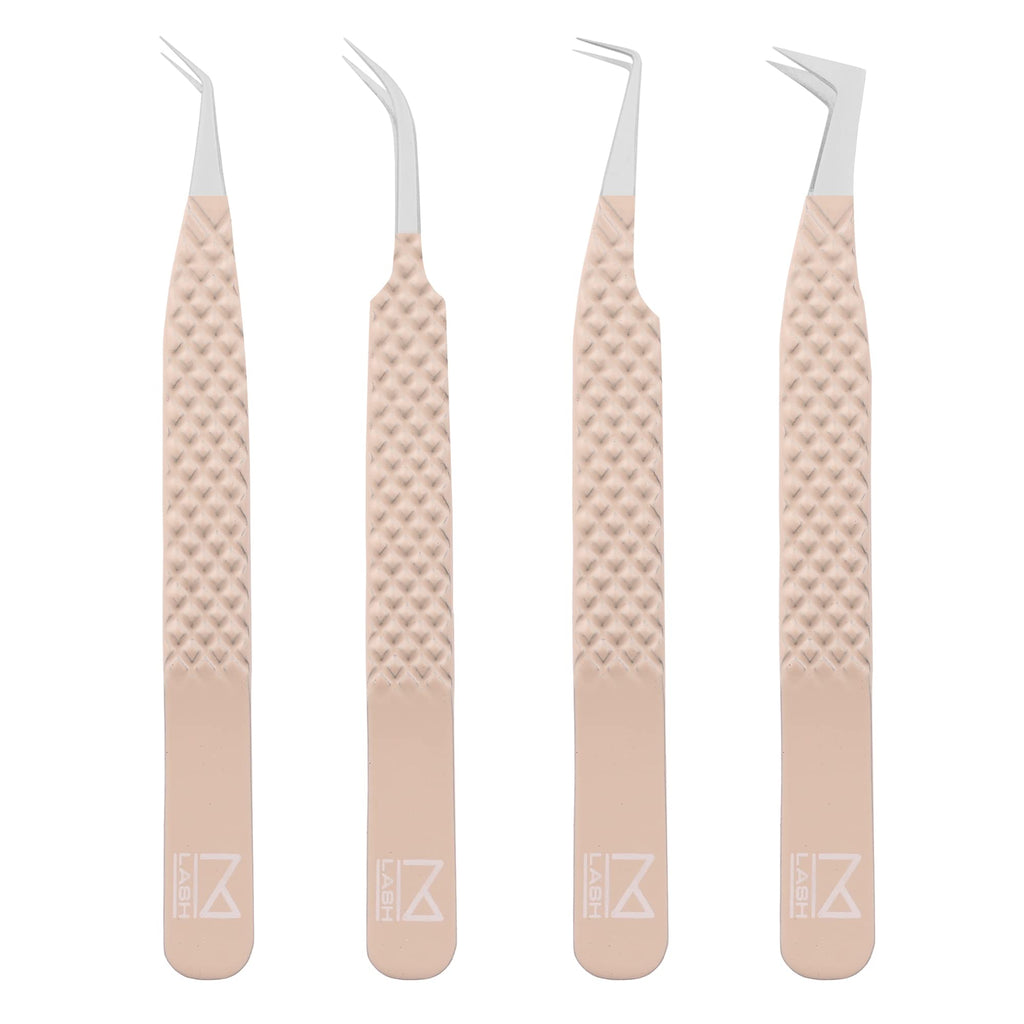 M LASH Tweezers for Eyelash Extensions (Set of 4) - Professional Lash Extension Tweezers - Fiber Tip, Japanese Steel, Diamond Grip Eyelash Extension Tweezer set (ET-Neu)