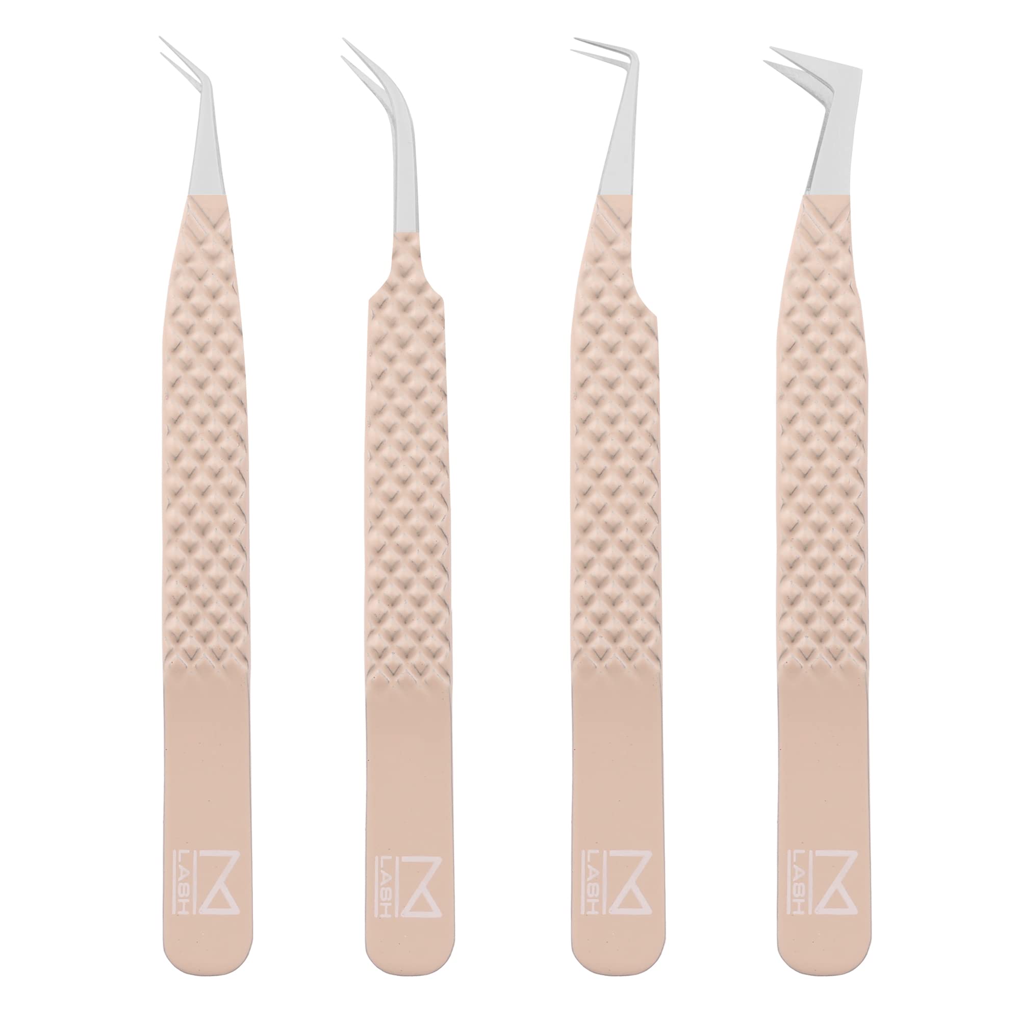 M LASH Tweezers for Eyelash Extensions (Set of 4) - Professional Lash Extension Tweezers - Fiber Tip, Japanese Steel, Diamond Grip Eyelash Extension Tweezer set (ET-Neu)