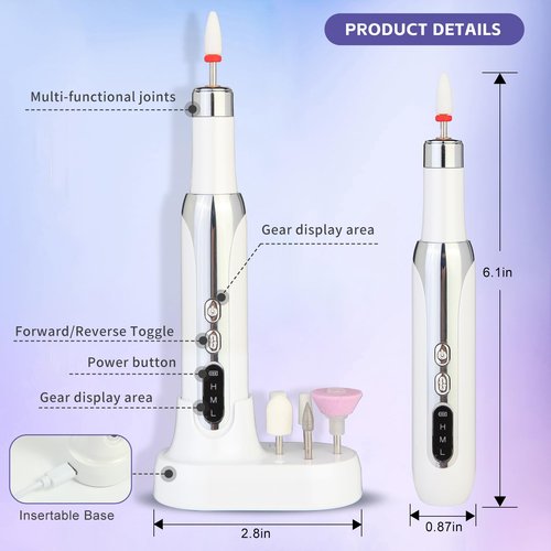 Electric Nail Drill File Cordless,Portable Rechargeable Nail File Kit for Acrylic & Gel Nails,Professional Efile for Manicure Pedicure Polishing,with 12 Nail Drill Bits 31 Sanding Bands,White