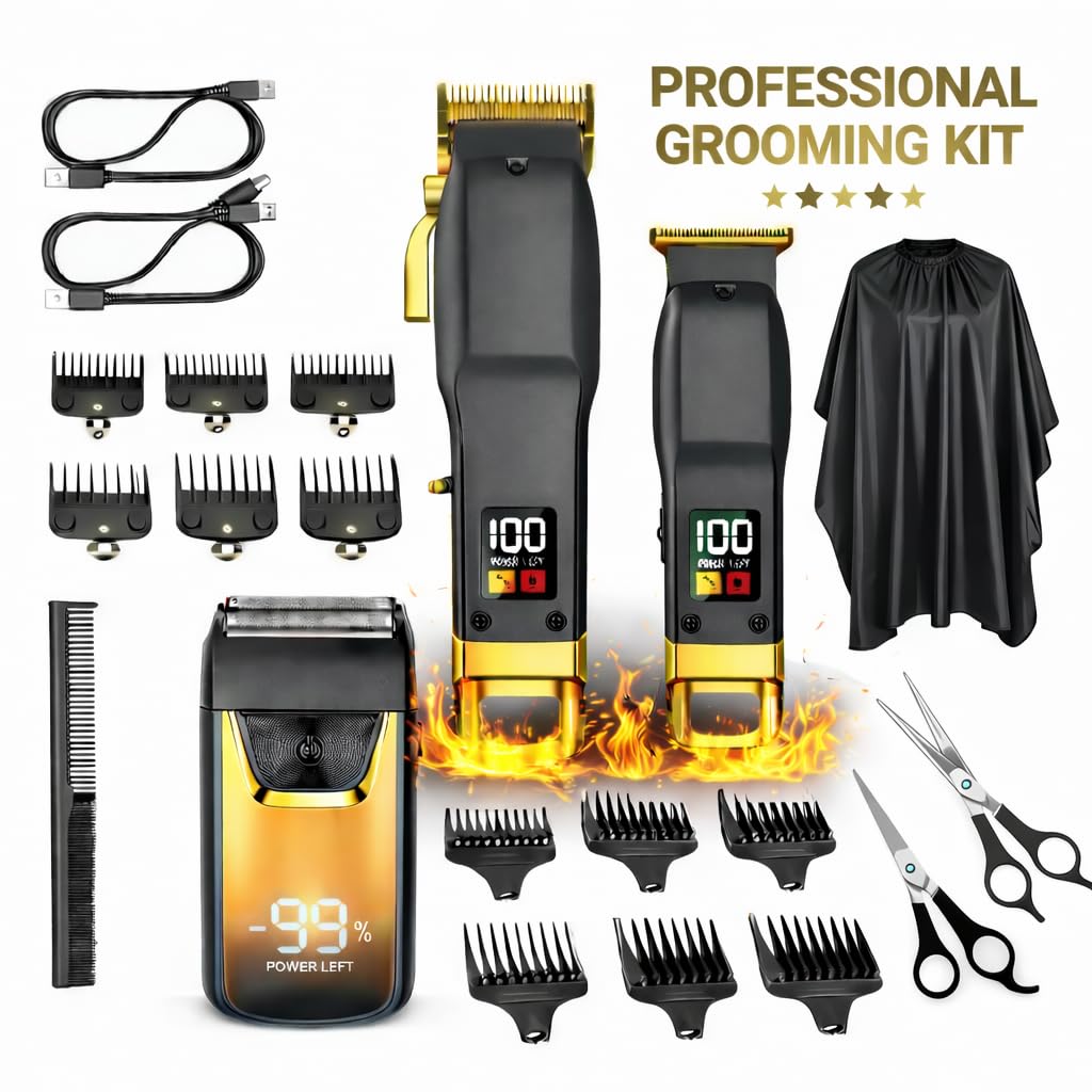 Professional Cordless Hair Clipper and Trimmer Kit for Men, Barber Hair Cutting Set with T Blade Trimmer, Cutting and Thinning Scissors, Guide Combs and Cape