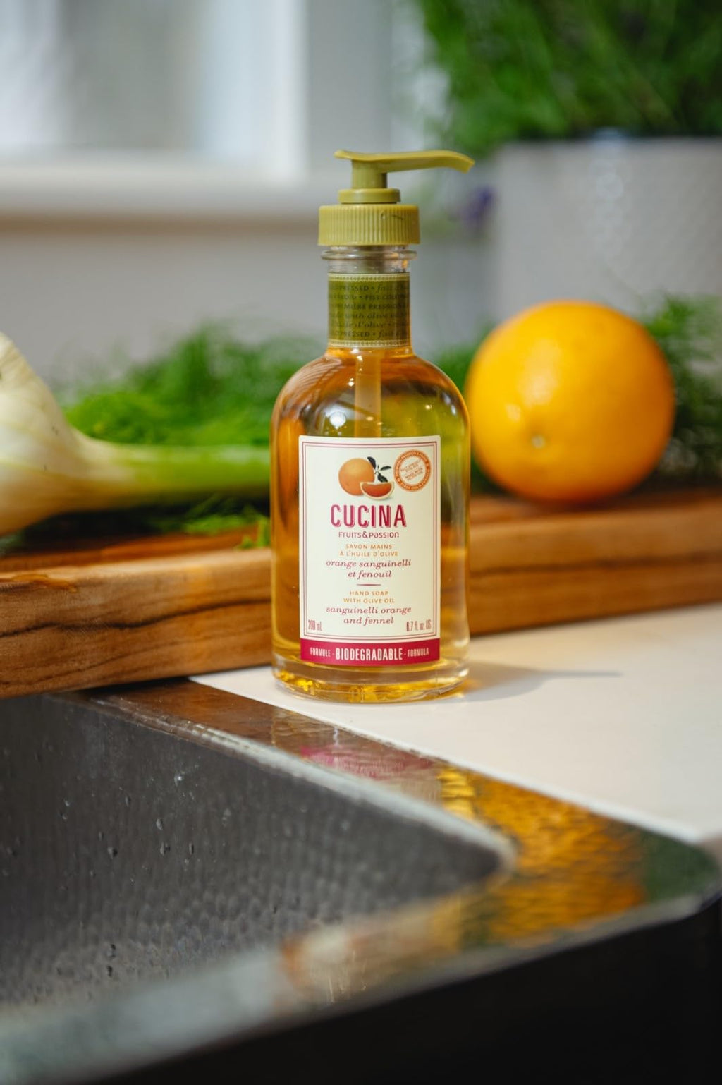 Cucina Fruits & Passion Kitchen Hand Soap, Sanguinelli Orange & Fennel, Natural Liquid Soap with Cold-Pressed Olive Oil, Moisturizing Formula in Refillable Glass Hand Soap Dispenser, 16.9 fl oz