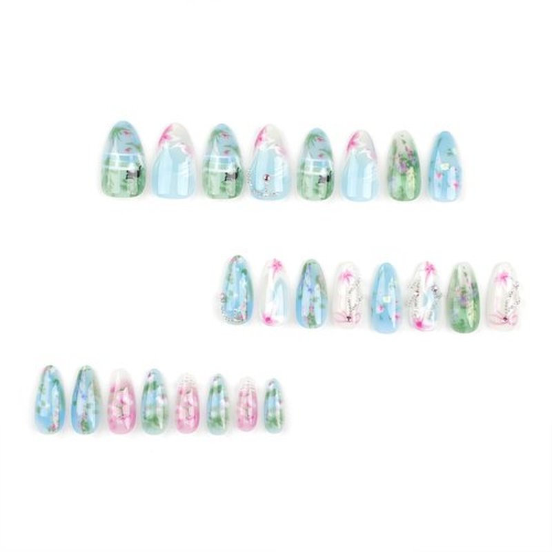 Jremg Flower Press on Nails Medium Almond Fake Nails with Pearl rhinestones Design Glossy Bow Blue Green Glue on Nails Cute Cat Floral Handmade Artificial Acrylic Nails for Women Girls 24Pcs