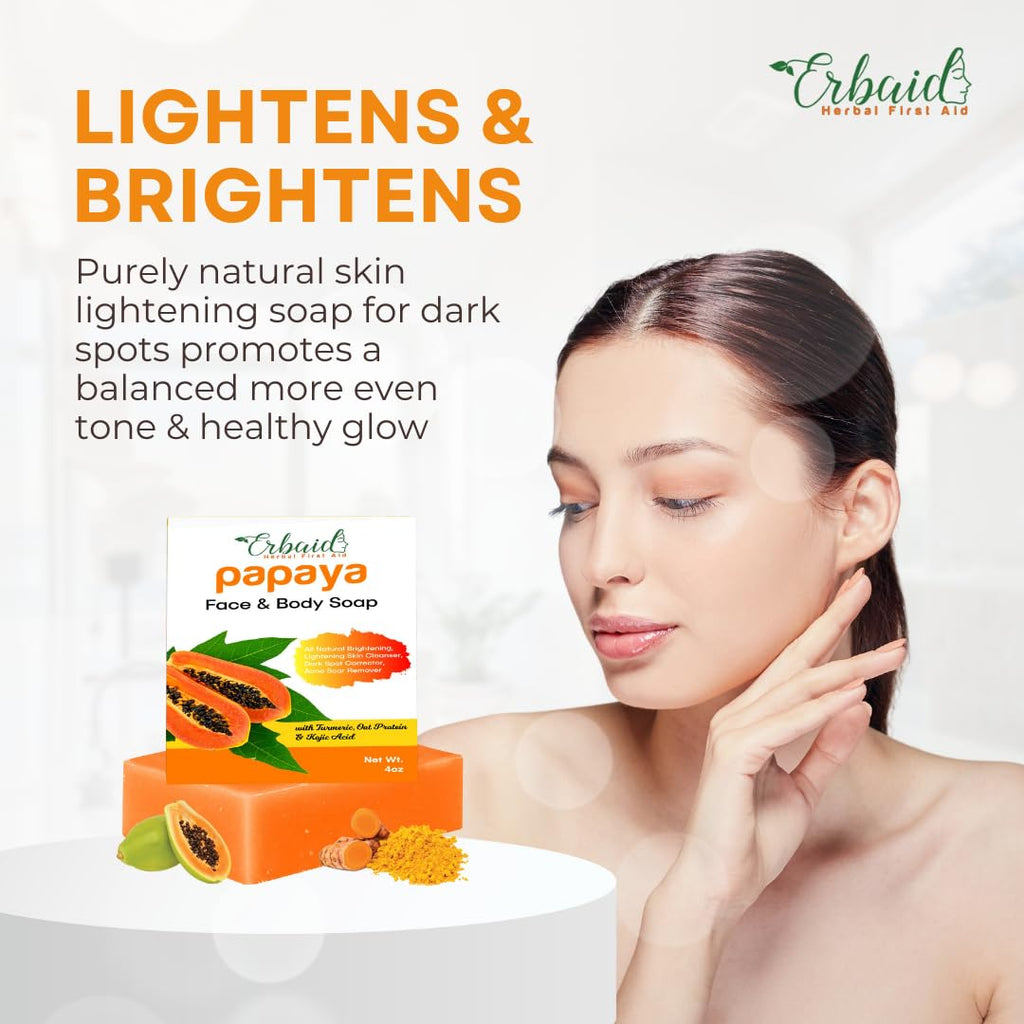 Erbaid Papaya Soap Face & Body Wash – Skin Brightening Papaya Soap Bar for Dark Spots – Reduce Acne, Cleanse Scars, & Even Tone – with Turmeric, Kojic Acid & Essential Oils – for All Types