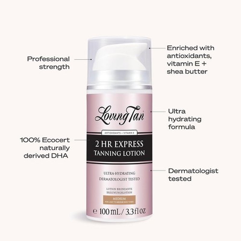 Loving Tan 2 Hr Express Self Tanning Body Lotion - Hydrating, Streak-Free Glow | Medium, 3.3 fl oz
