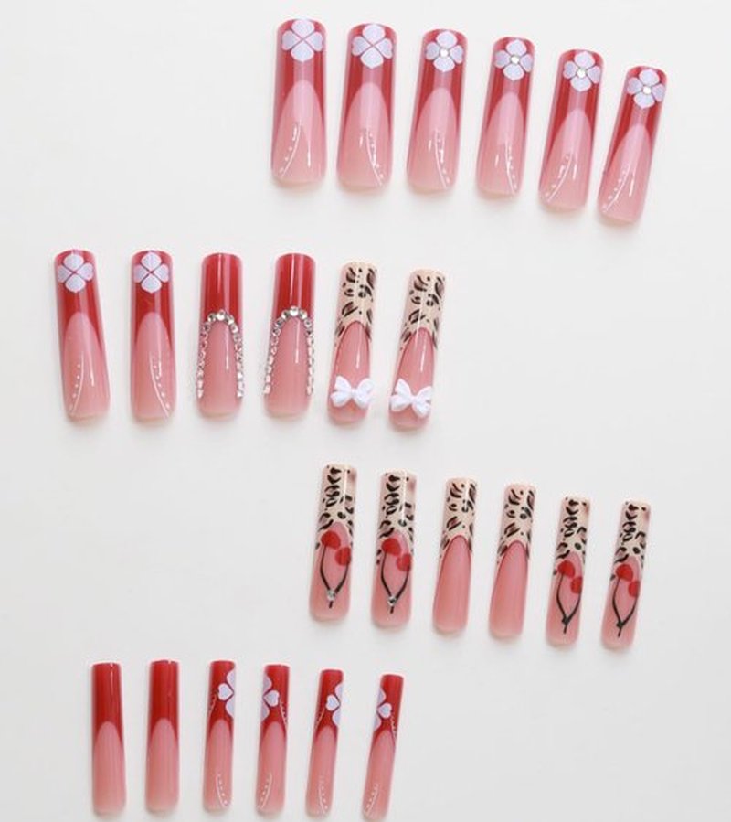 Aegenacess Press on Nails Square - Extra Long Fake Nails with 3D Rhinestones and Bows, Red French Tips Cute Fall False Nail, Fall Stick On Nails for Women, 12 Sizes - 24 Nail Kit, Floral Fusion
