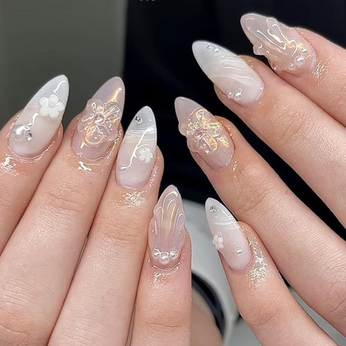 Set 10Pcs -Clear -Gel 3D -Flowers -Nails -Charms Plain No Rhinestone Gems Handmade by Gel, Design For Medium & Long Nail, 3D Flower Nail Art Floral Salon Decor For Women(Medium, ApricotBlossom Clear)