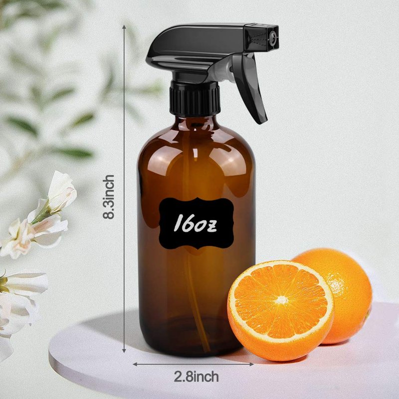 Worldgsb 16oz Amber Glass Spray Bottles - Reusable Containers with Labels & Adjustable Nozzle for Cleaning, BBQ, and Essential Oils