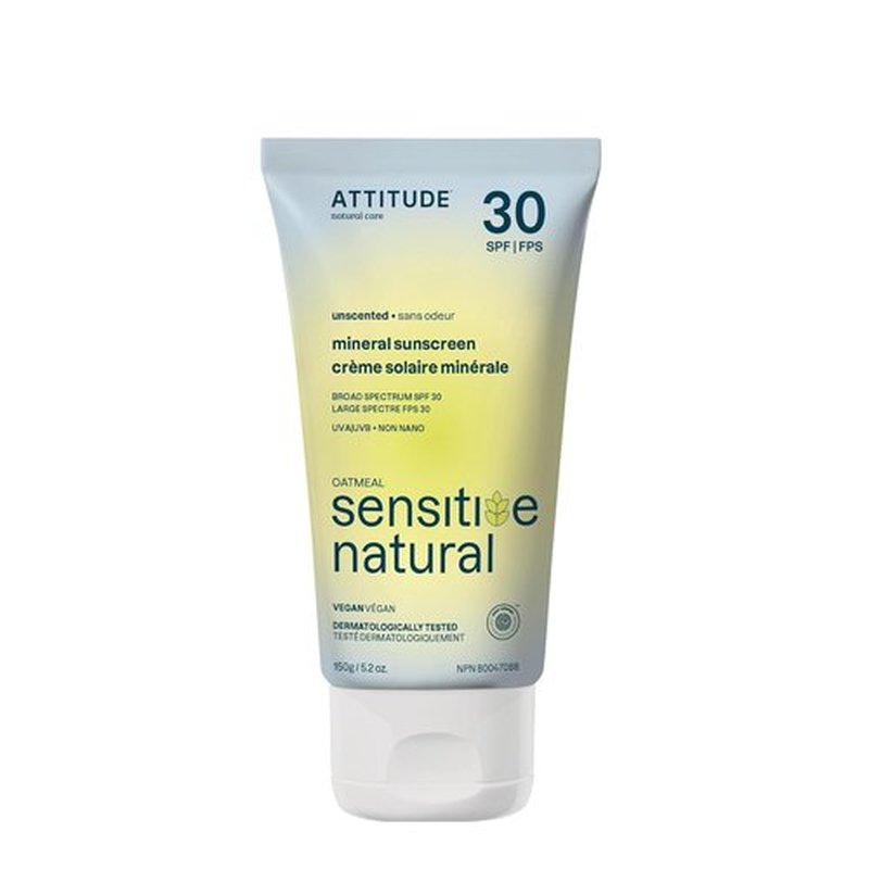 ATTITUDE Mineral Sunscreen - EWG Verified, Broad Spectrum UVA/UVB Protection, SPF 30, Unscented, 5.2 Oz